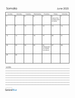 Current month calendar with Somalia holidays for June 2025