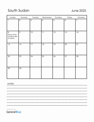 Current month calendar with South Sudan holidays for June 2025