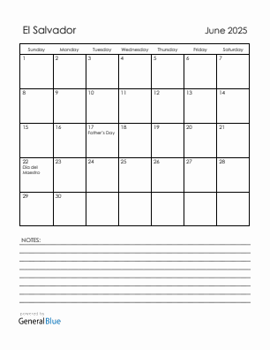 Current month calendar with El Salvador holidays for June 2025