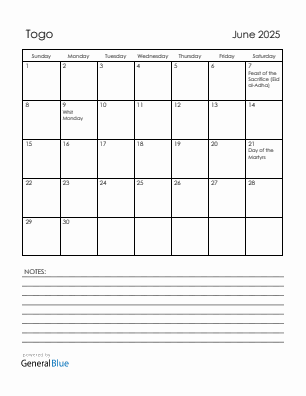 Current month calendar with Togo holidays for June 2025