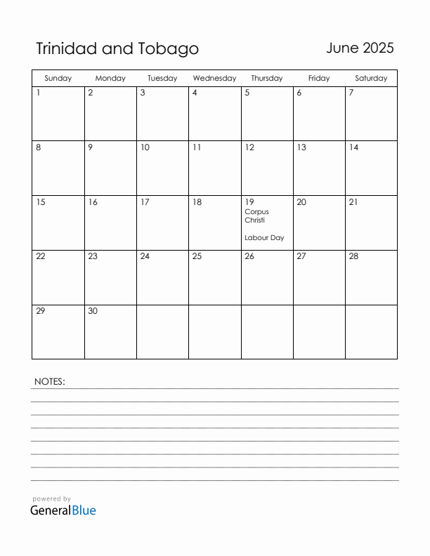 June 2025 Trinidad and Tobago Calendar with Holidays (Sunday Start)