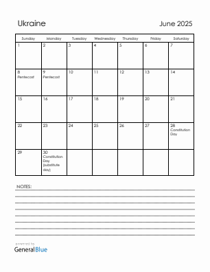 Current month calendar with Ukraine holidays for June 2025