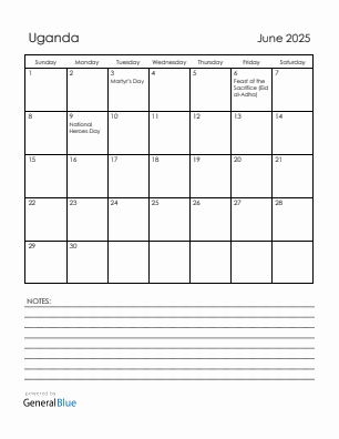 Current month calendar with Uganda holidays for June 2025