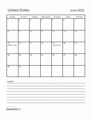 Current month calendar with United States holidays for June 2025