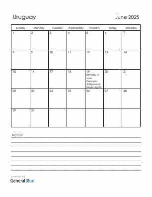 Current month calendar with Uruguay holidays for June 2025