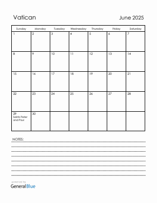 Current month calendar with Vatican holidays for June 2025