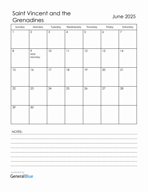 June 2025 Saint Vincent and the Grenadines Calendar with Holidays (Sunday Start)