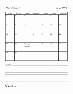 Current month calendar with Venezuela holidays for June 2025