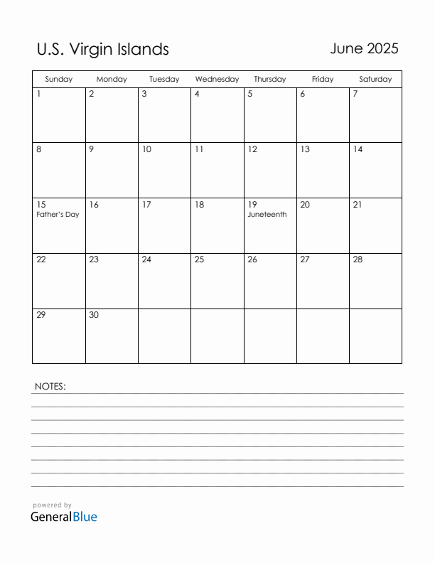 June 2025 U.S. Virgin Islands Calendar with Holidays (Sunday Start)