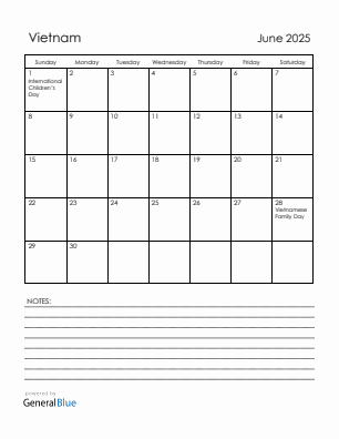 Current month calendar with Vietnam holidays for June 2025