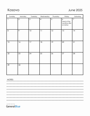 Current month calendar with Kosovo holidays for June 2025