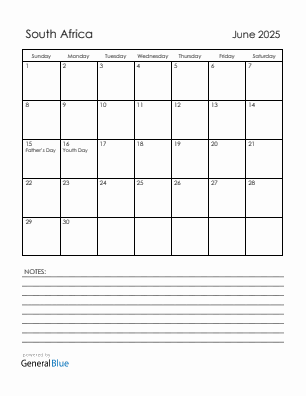 Current month calendar with South Africa holidays for June 2025