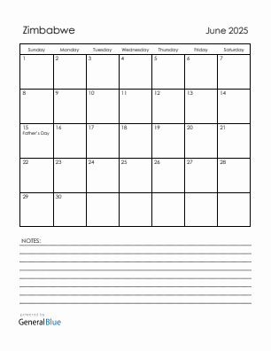 Current month calendar with Zimbabwe holidays for June 2025