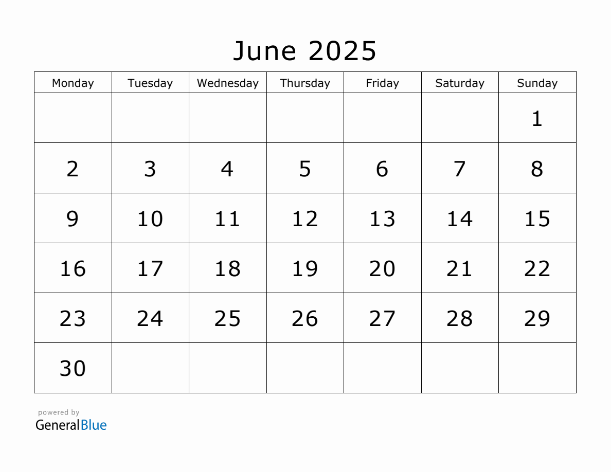 Printable June 2025 Calendar