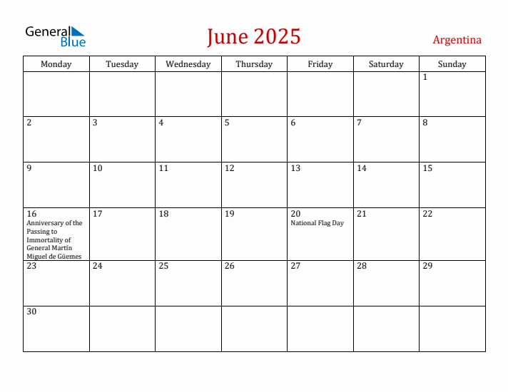 Argentina June 2025 Calendar - Monday Start