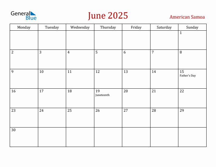 American Samoa June 2025 Calendar - Monday Start