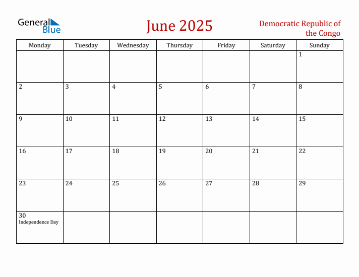 Democratic Republic of the Congo June 2025 Calendar - Monday Start