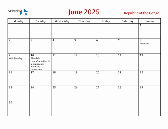 Republic of the Congo June 2025 Calendar - Monday Start