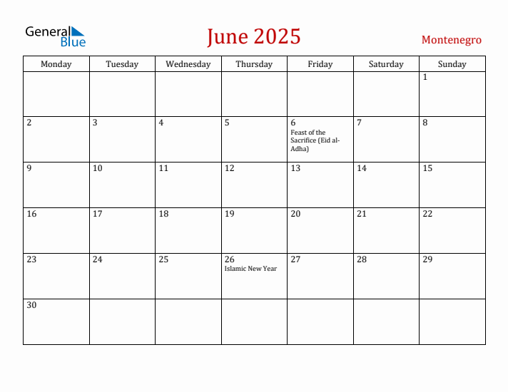 Montenegro June 2025 Calendar - Monday Start