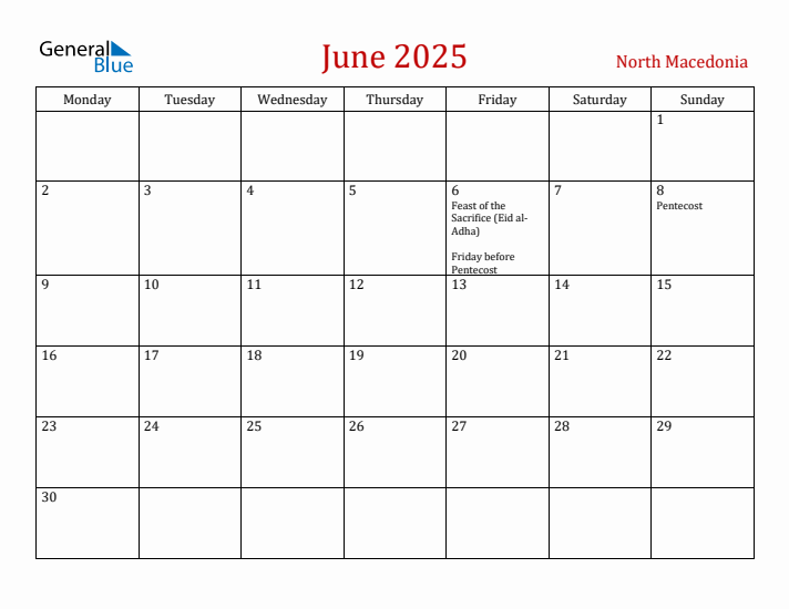 North Macedonia June 2025 Calendar - Monday Start