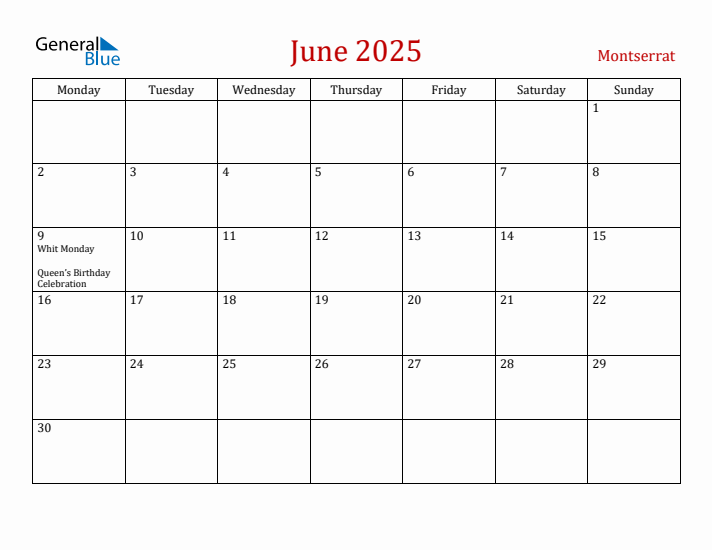 Montserrat June 2025 Calendar - Monday Start