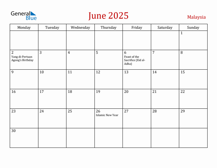 Malaysia June 2025 Calendar - Monday Start