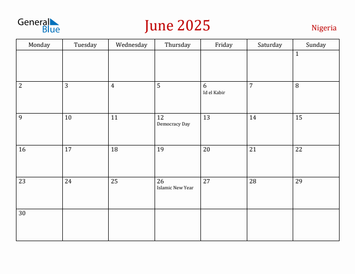 Nigeria June 2025 Calendar - Monday Start