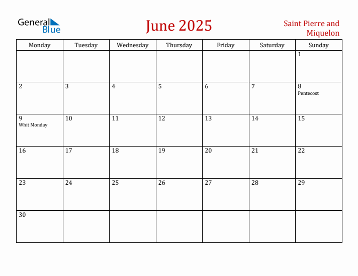 Saint Pierre and Miquelon June 2025 Calendar - Monday Start