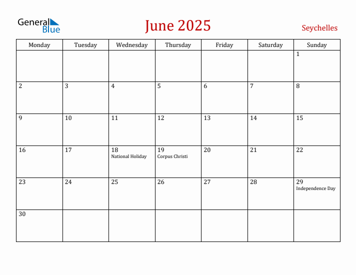 Seychelles June 2025 Calendar - Monday Start
