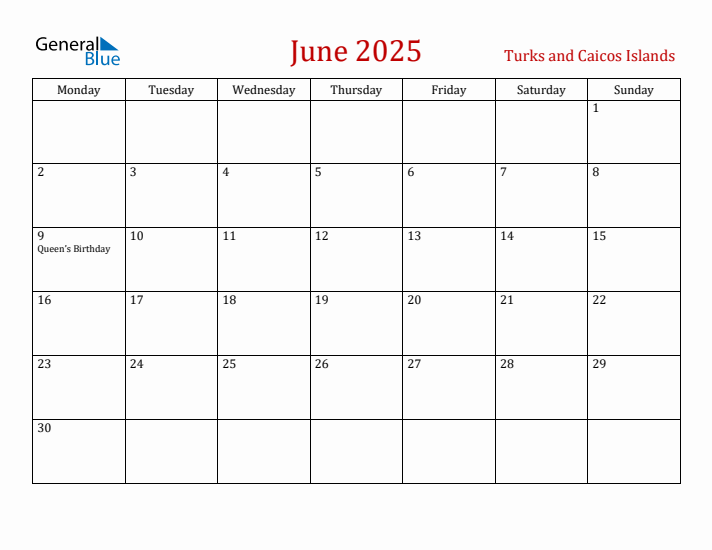 Turks and Caicos Islands June 2025 Calendar - Monday Start