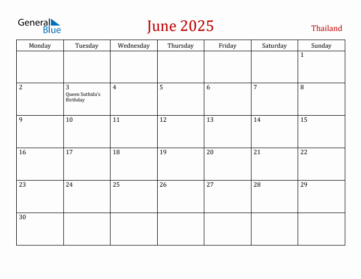 Thailand June 2025 Calendar - Monday Start