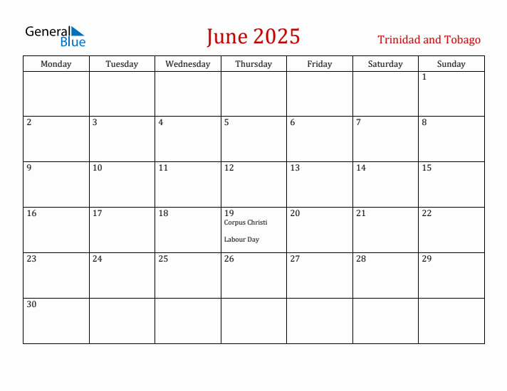 Trinidad and Tobago June 2025 Calendar - Monday Start