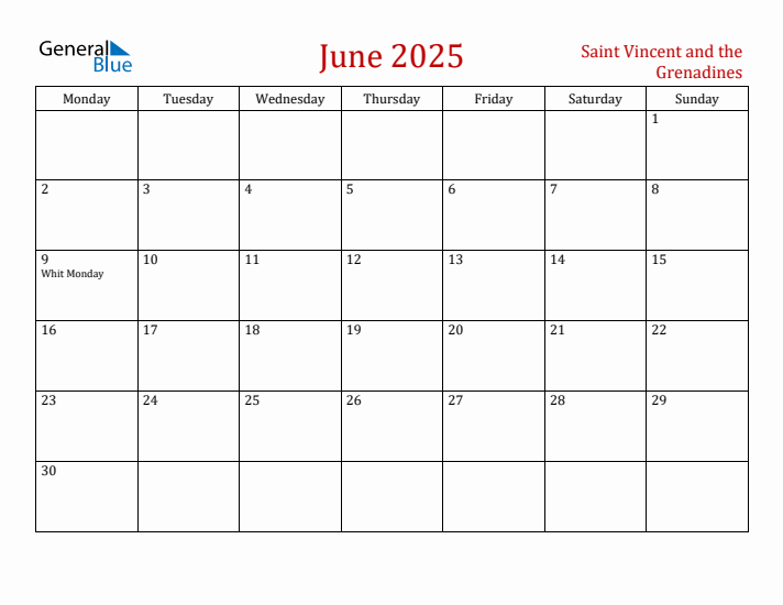 Saint Vincent and the Grenadines June 2025 Calendar - Monday Start