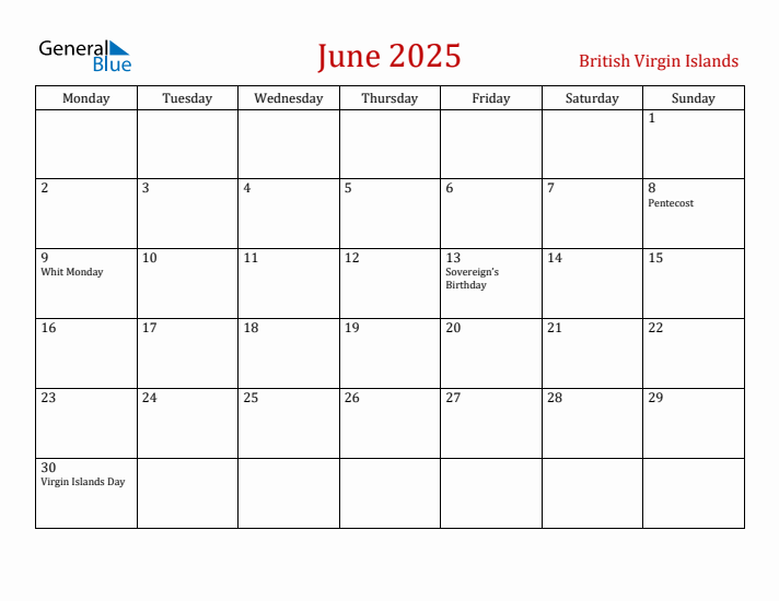British Virgin Islands June 2025 Calendar - Monday Start