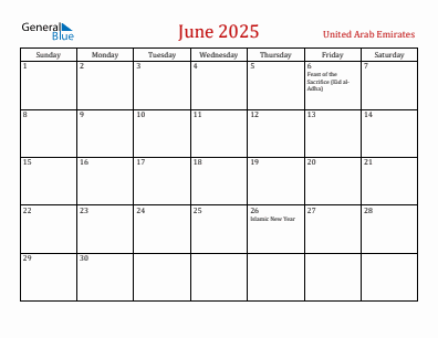 Current month calendar with United Arab Emirates holidays for June 2025