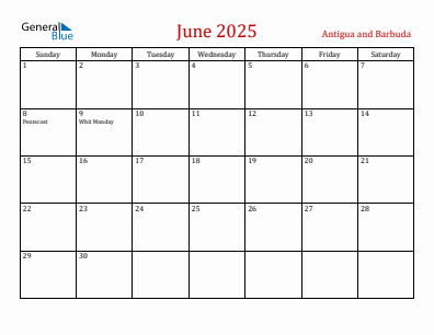 Current month calendar with Antigua and Barbuda holidays for June 2025