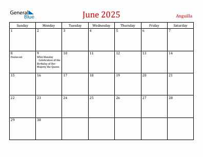 Current month calendar with Anguilla holidays for June 2025