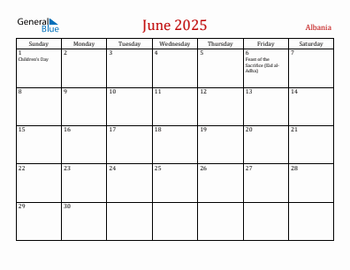 Current month calendar with Albania holidays for June 2025