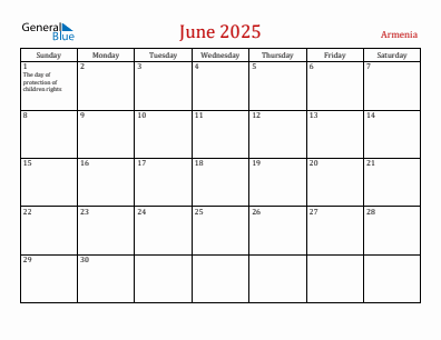 Current month calendar with Armenia holidays for June 2025