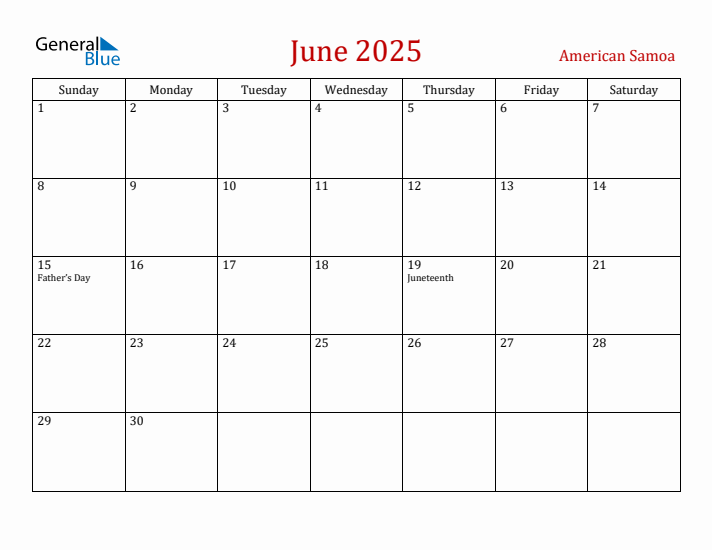 American Samoa June 2025 Calendar - Sunday Start