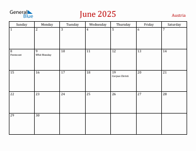 Current month calendar with Austria holidays for June 2025