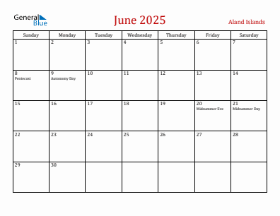 Current month calendar with Aland Islands holidays for June 2025