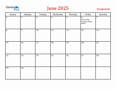 Current month calendar with Bangladesh holidays for June 2025
