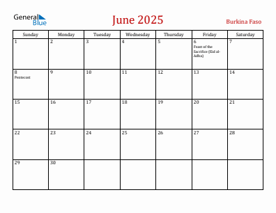 Current month calendar with Burkina Faso holidays for June 2025