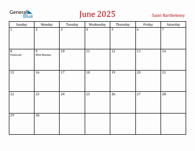 Current month calendar with Saint Barthelemy holidays for June 2025
