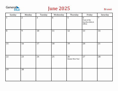 Current month calendar with Brunei holidays for June 2025