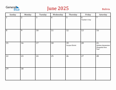 Current month calendar with Bolivia holidays for June 2025