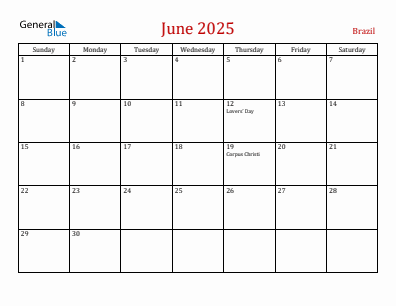 Current month calendar with Brazil holidays for June 2025