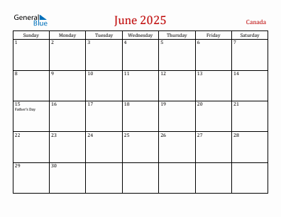 Current month calendar with Canada holidays for June 2025