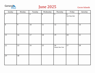 Current month calendar with Cocos Islands holidays for June 2025